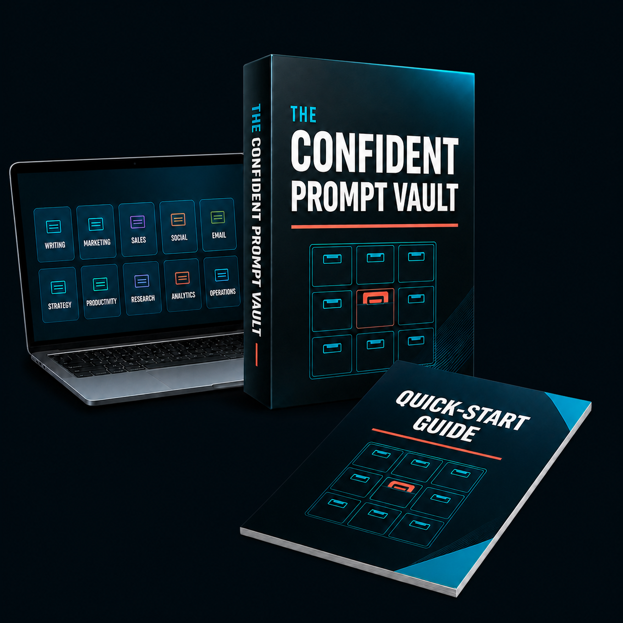 Digital prompt library with a vault guide, quick-start guide, prompt cards, and tablet