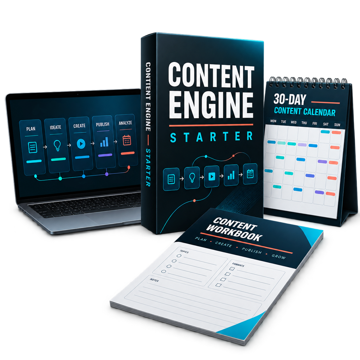 Digital content system with guides, workflow screens, calendar, worksheet, content cards, and download pack